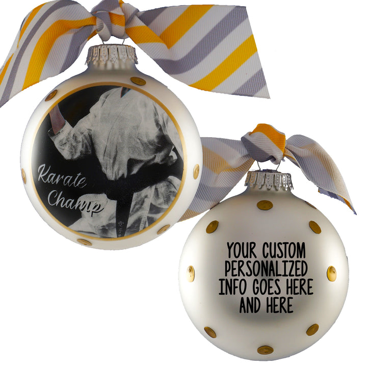 3 1/4" (80mm) Personalizable Hugs Specialty Gift Ornaments, Stirling Silver Glass Ball with Karate Champ