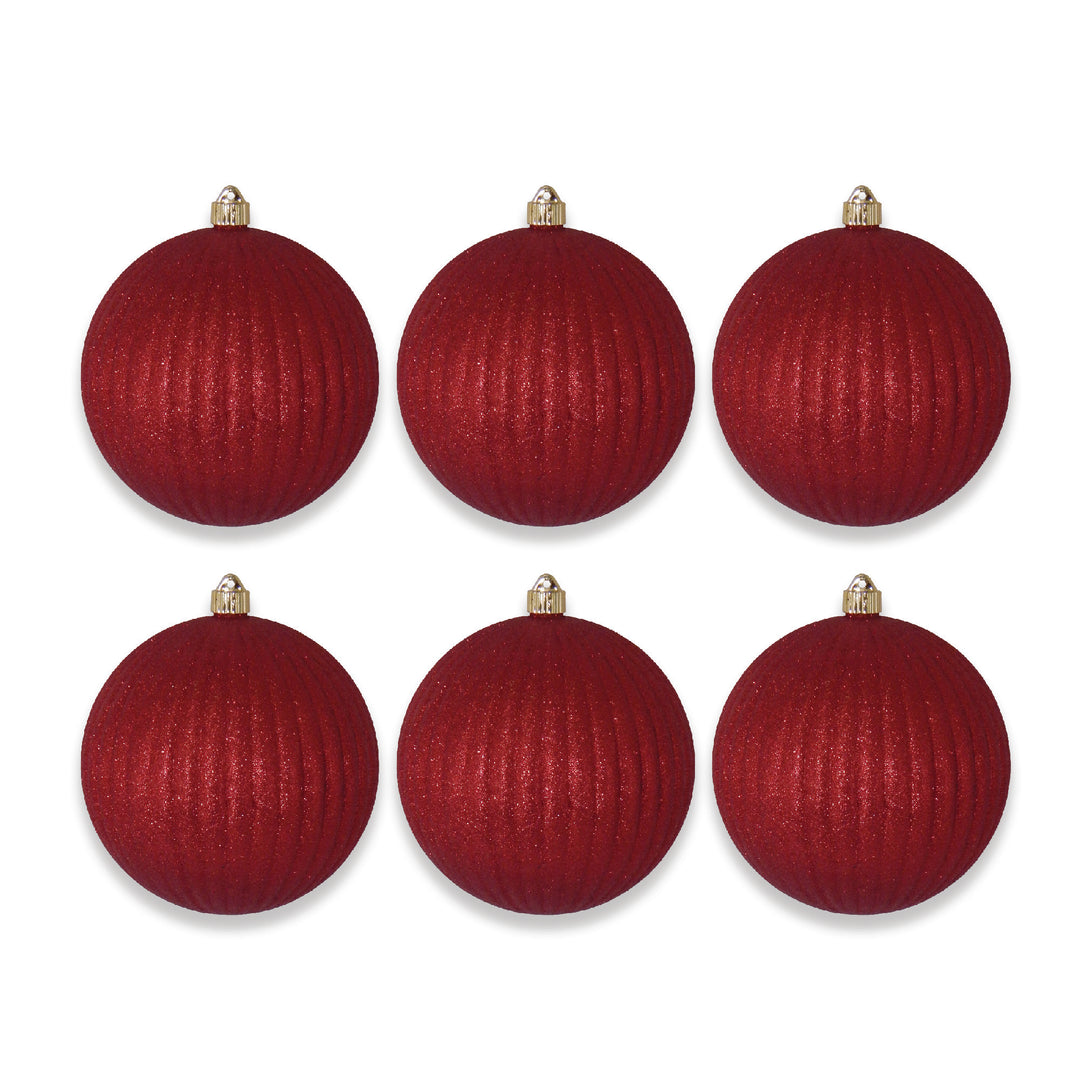 8" (200mm) Giant Commercial Shatterproof Ball Ornament, Ribbed Red Glitter, Case, 6 Pieces