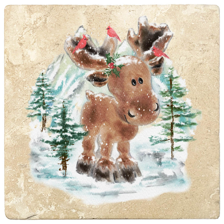 4" Christmas Holiday Travertine Coasters - Moose in Woods with Cardinals, 2 Sets of 4, 8 Pieces