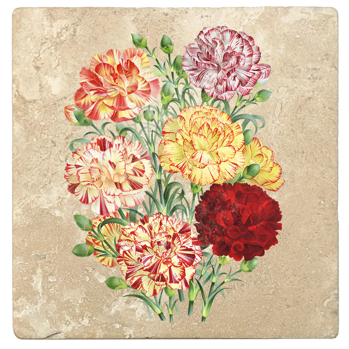4" Absorbent Stone Flower Designs Drink Coasters, Carnation Flower Bouquet, 2 Sets of 4, 8 Pieces