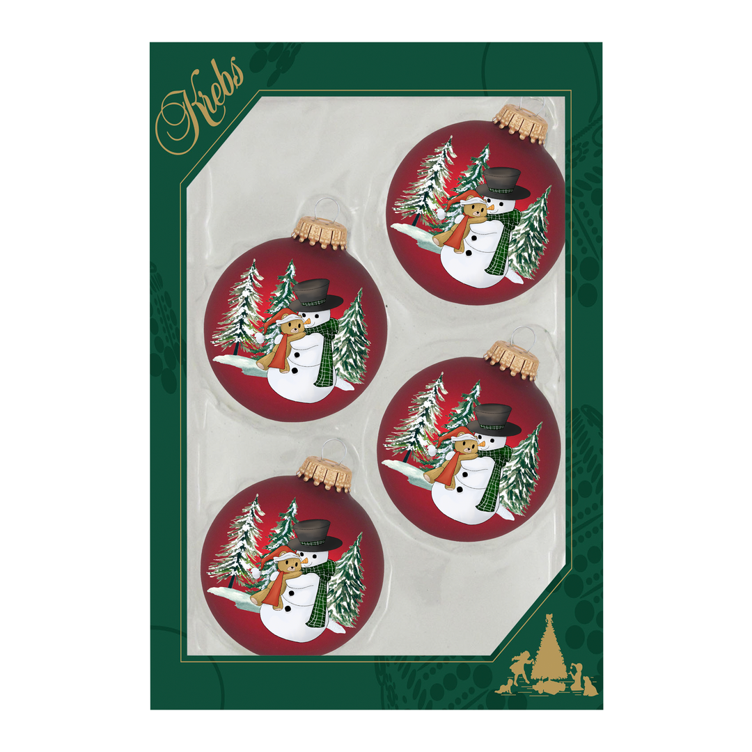 2 5/8" (67mm) Glass Ball Ornaments, Port Velvet with Snowman Hugging Bear & Tree's, 4/Box, 12/Case, 48 Pieces