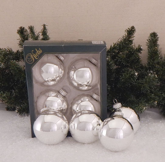 3 1/4" (80mm) Glass Ball Ornament, Bright Silver, 4/Box, 12/Case, 48 Pieces