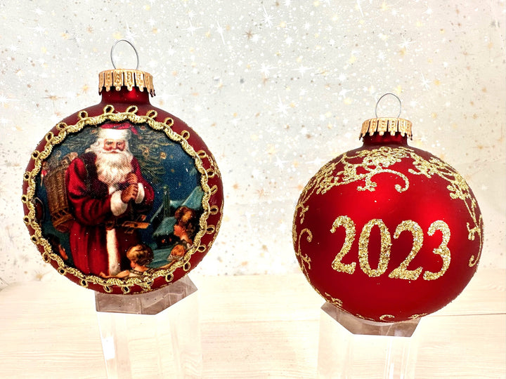 3 1/4" (80mm) Ball Ornaments, Silk Dated Santas 2023, Multi, 1/Box, 12/Case, 12 Pieces