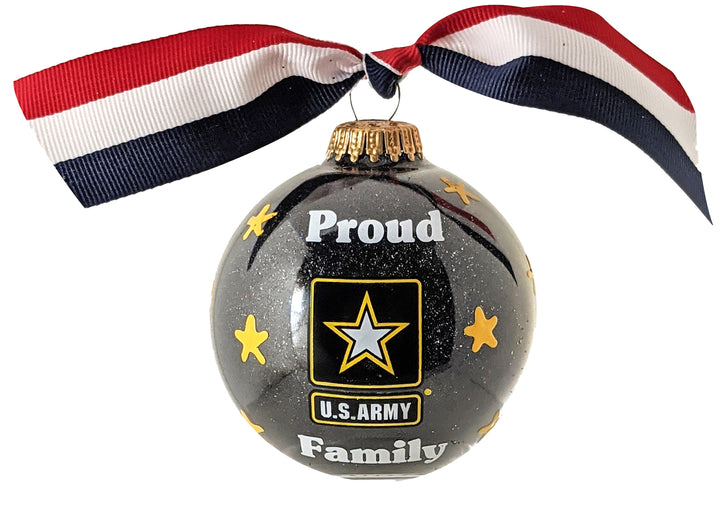 3 1/4" (80mm) Personalizable Hugs Specialty Gift Ornaments, Proud Army Family with ribbon and all-around decoration, Black Glitter, 1/Box, 12/Case, 12 Pieces