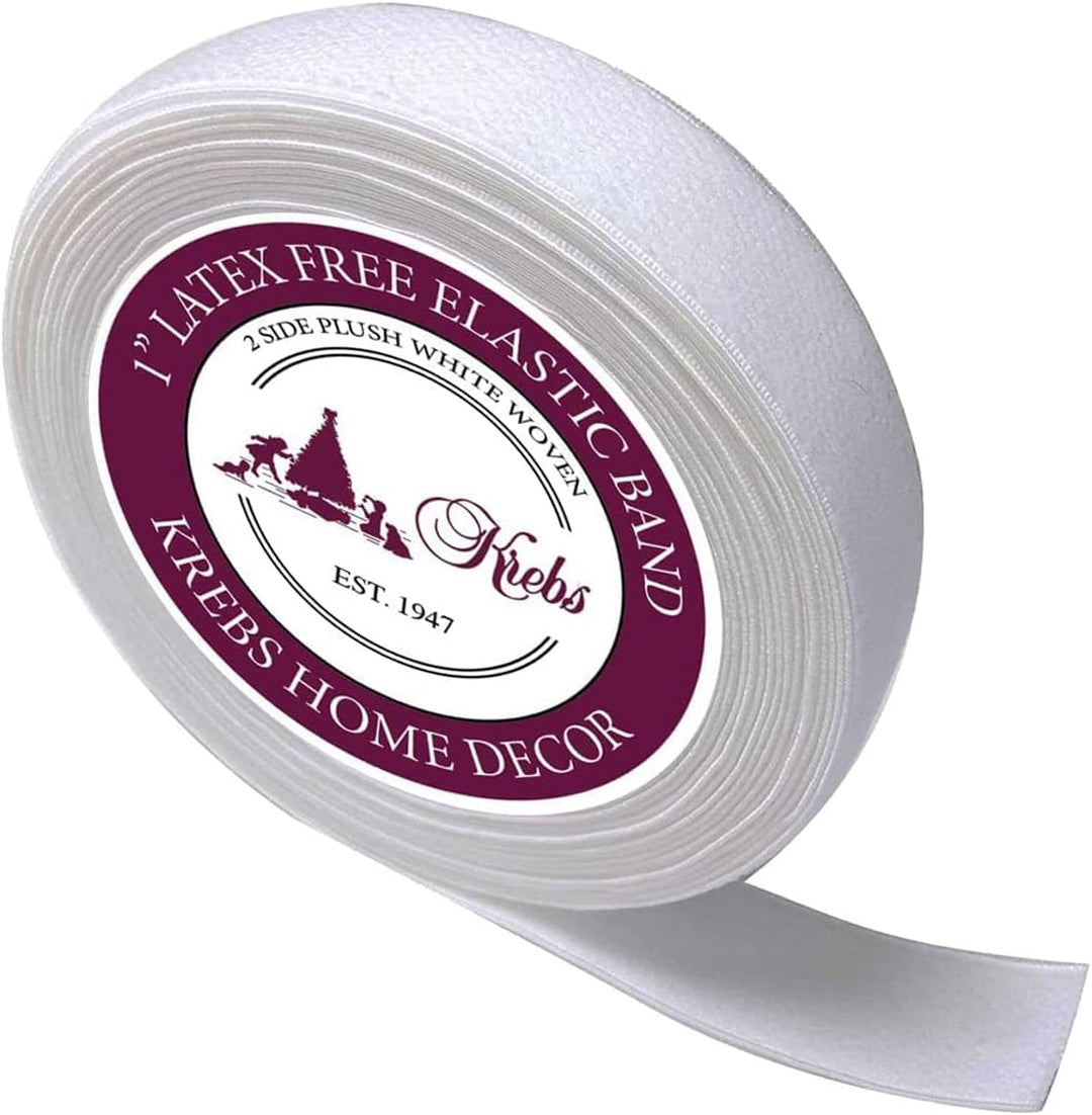 Krebs Elastic Bands, Plush 2 Sides White Woven Latex Free 1" Wide | Made in the United States (12 Yards)