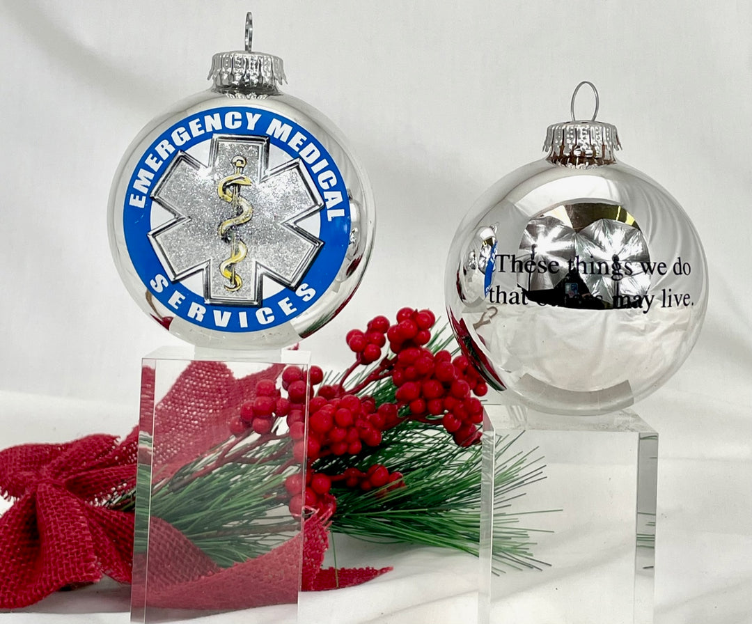 3 1/4" (80mm) Bright Silver Glass Ball Ornaments, First Responder EMS Logo, 1/Box, 12/Case, 12 Pieces