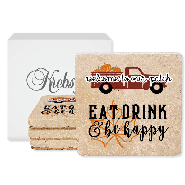 4" Absorbent Stone Fall Autumn Coasters, Welcome To Our Patch, Eat Drink & Be Happy, 2 Sets of 4, 8 Pieces