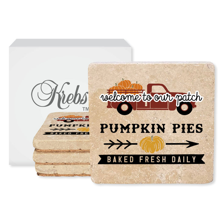 4" Absorbent Stone Fall Autumn Coasters, Welcome Pumpkin Pies Baked Fresh Daily, 2 Sets of 4, 8 Pieces