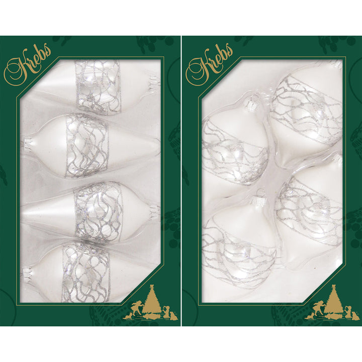 3 1/2" (89mm) 4" (100mm) Glass Onion and Drops Ornaments Assortment, Sterling Silver, 4/Box, 12/Case, 48 Pieces
