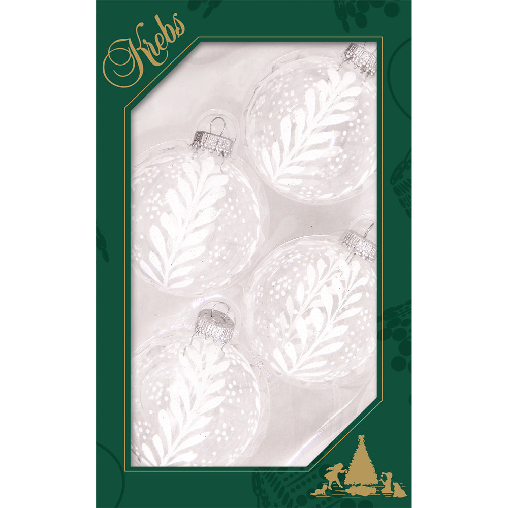 2 5/8" (67mm) Ball Ornaments Clear with White Vines and Dots, 4/Box, 12/Case, 48 Pieces