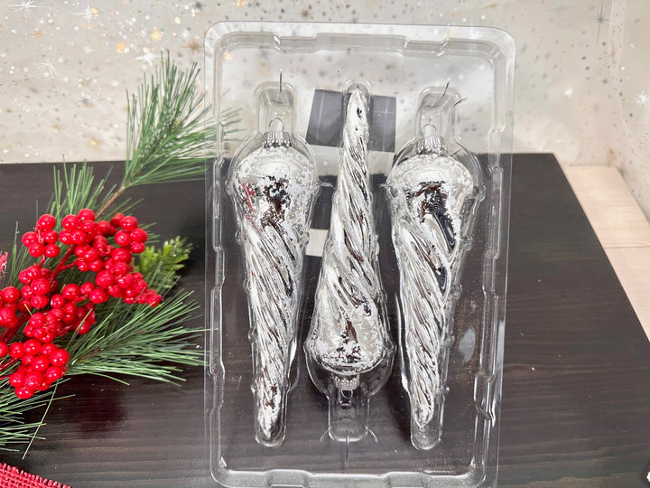 6" (150mm) Bright Silver Twisted Icicle Figurine Ornaments, 3/Box, 12/Case, 36 Pieces