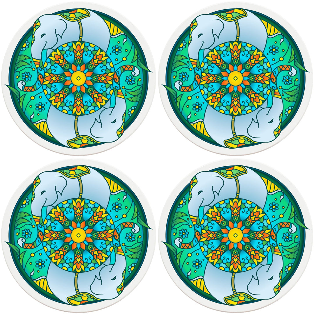 4" Round Ceramic Coasters - Mandala Elephant, 4/Box, 2/Case, 8 Pieces