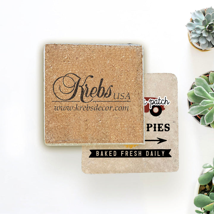 4" Absorbent Stone Fall Autumn Coasters, Welcome Pumpkin Pies Baked Fresh Daily, 2 Sets of 4, 8 Pieces