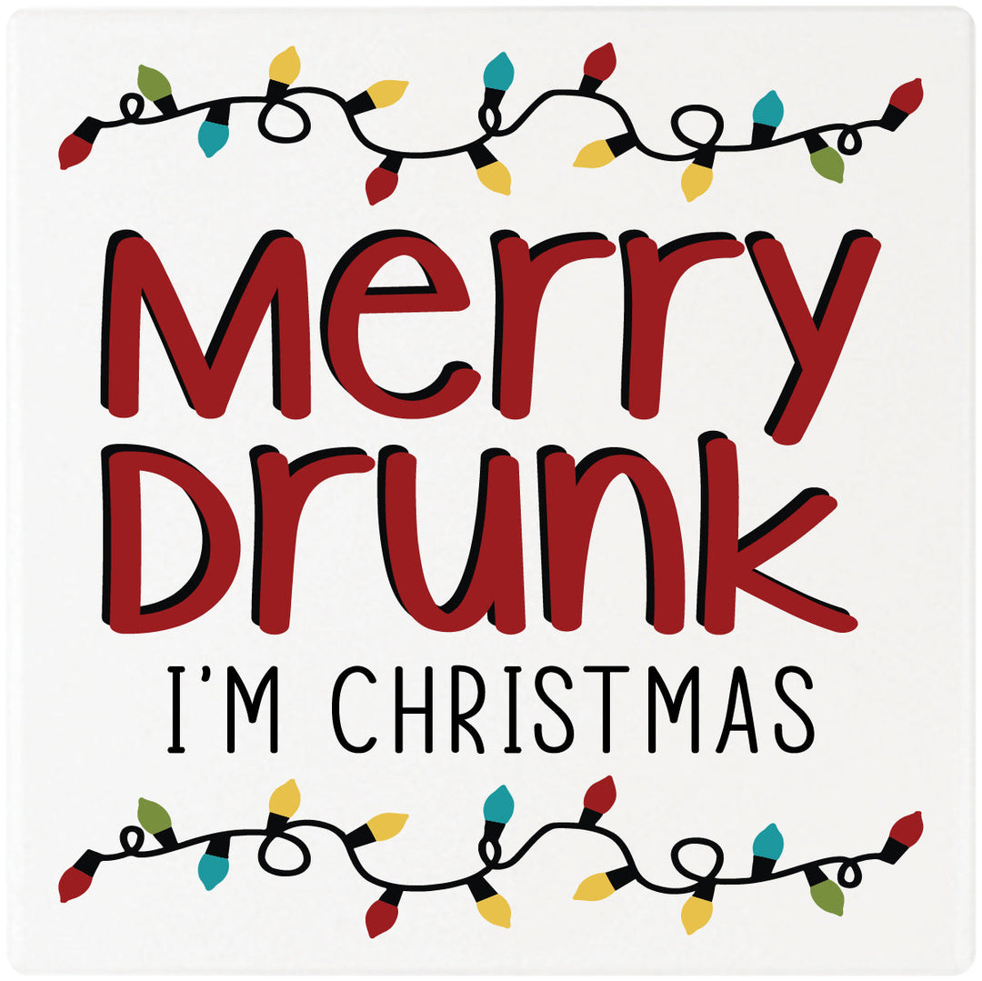 4" Square Cermaic Christmas Humor Coaster Set, Merry Drunk, 2 Sets of 4, 8 Pieces