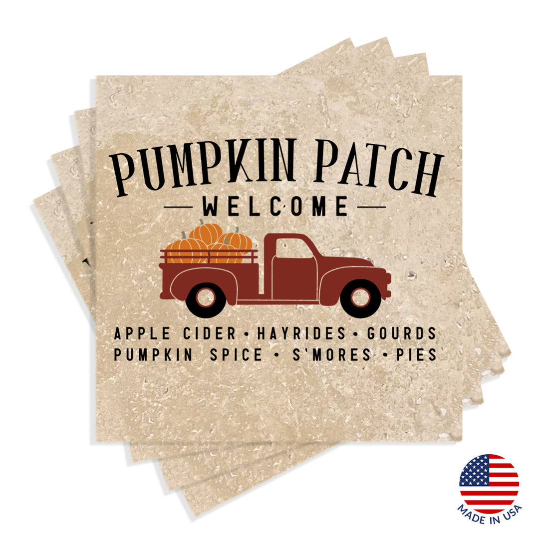 4" Absorbent Stone Fall Autumn Coasters, Pumpkin Patch Welcome - Truck, 2 Sets of 4, 8 Pieces