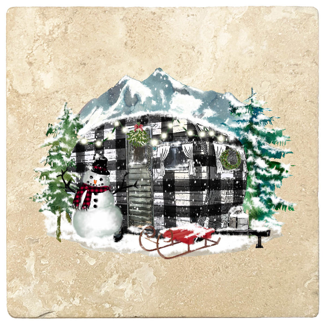4" Christmas Holiday Travertine Coasters - Plaid Camper, 2 Sets of 4, 8 Pieces