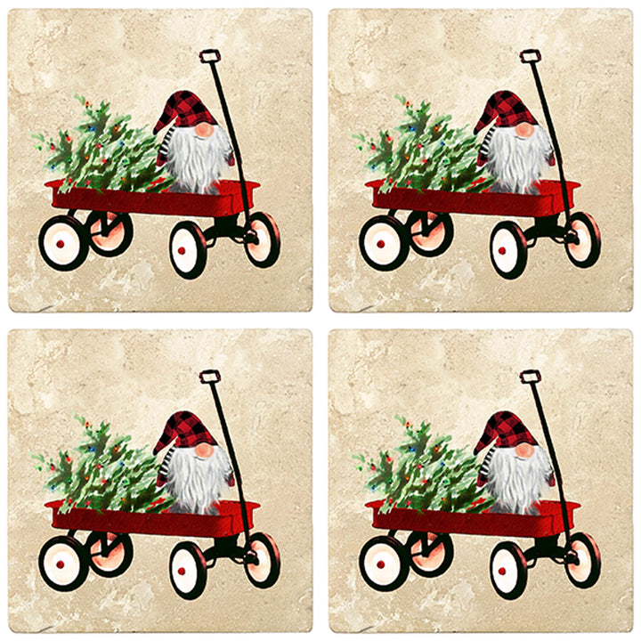 4" Christmas Holiday Travertine Coasters - Gnome in Handcart, 2 Sets of 4, 8 Pieces