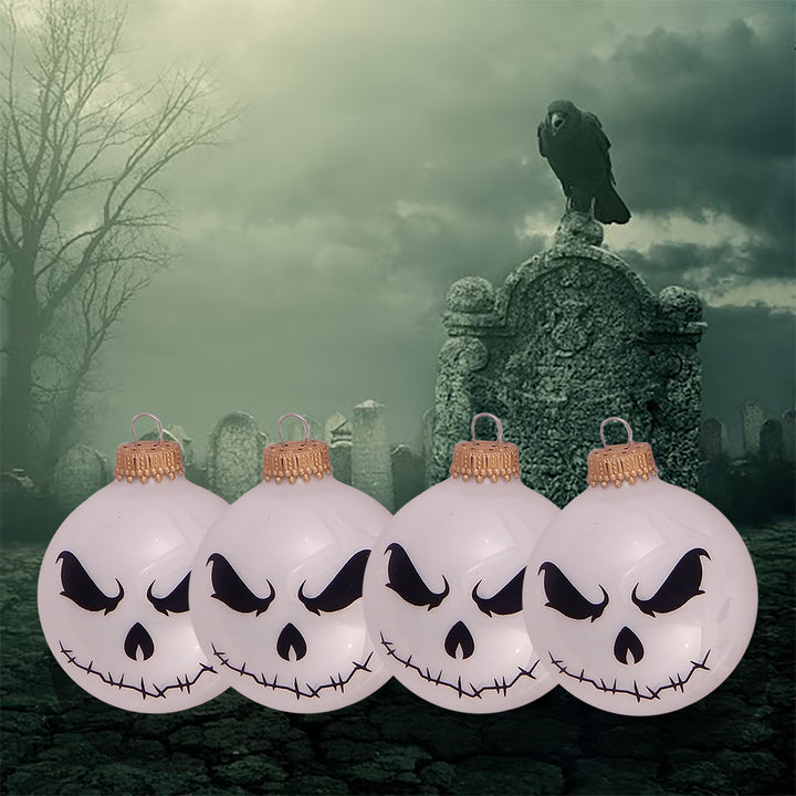 2 5/8" (67mm) Halloween Ball Ornaments Solid Porcelain White with Scary Faces 4/Box, 12/Case, 48 Pieces