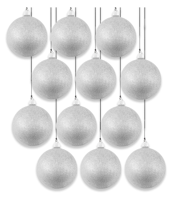 6" (150mm) Giant Commercial Pre-Wired Shatterproof Ball Ornament, Silver Glitter, Case, 12 Pieces