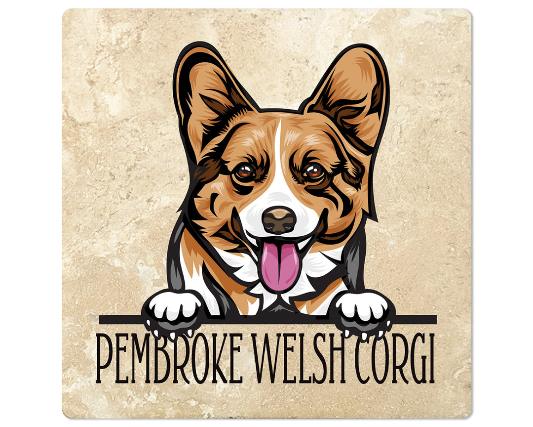 [Set of 4] 4" Square Premium Absorbent Travertine Dog Lover Coasters - Pembroke Welsh Corgi