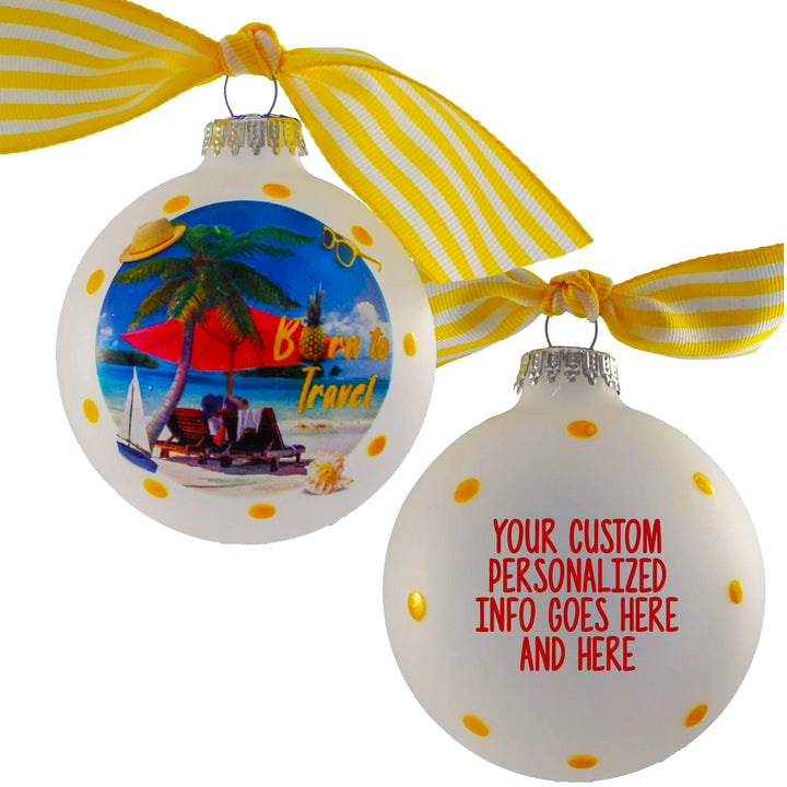 3 1/4" (80mm) Hugs - Frost 3 1/4" (80mm) Glass Ball Ornament with Born to Travel Beach. 12 Pieces per Case