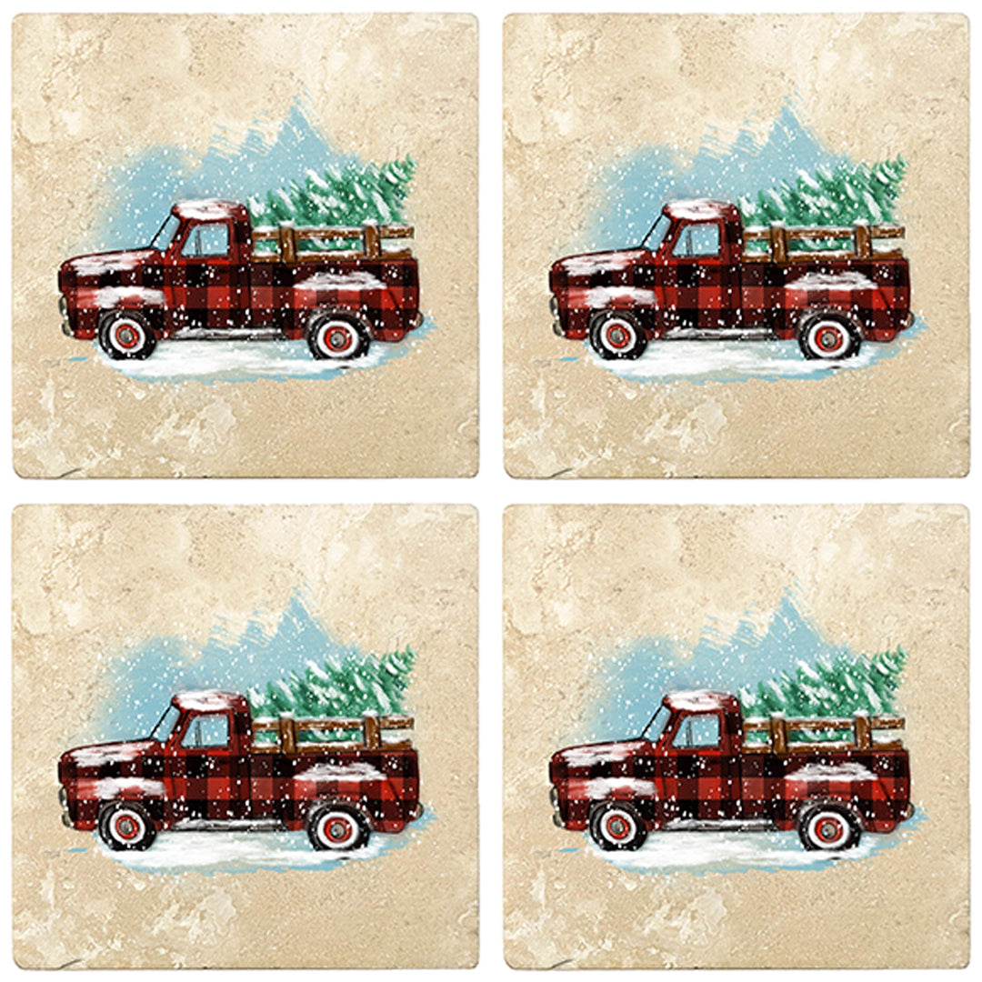 4" Christmas Holiday Travertine Coasters - Vintage Red Truck - Plaid, 2 Sets of 4, 8 Pieces