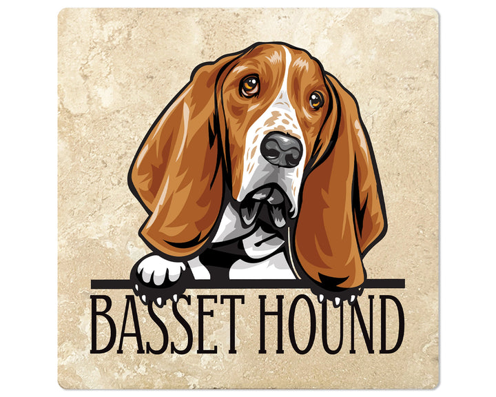 [Set of 4] 4" Square Premium Absorbent Travertine Dog Lover Coasters - Basset Hound