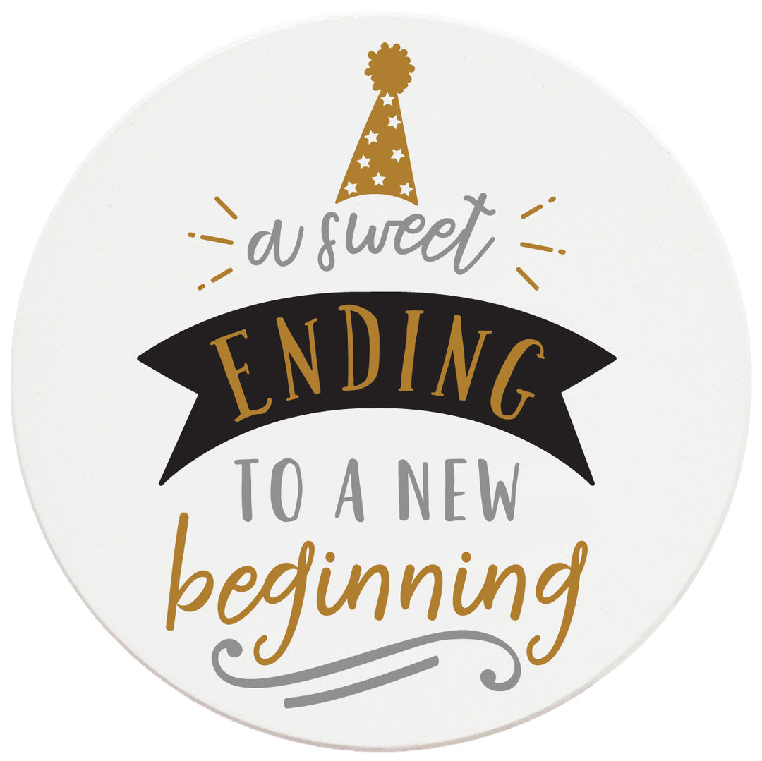 4 Inch Round Ceramic Coaster Set, A Sweet Ending To A New Beginning, 2 Sets of 4, 8 Pieces