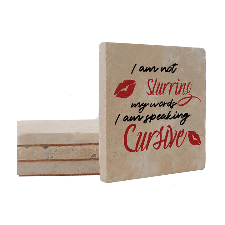 4" Square Travertine Coaster Set Funny "I Love Wine" Collection - Speaking Cursive, 4/Box, 2/Case, 8 Pieces.