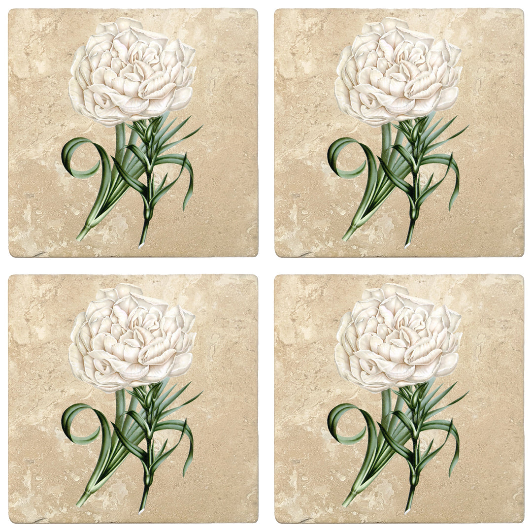 4" Absorbent Stone Flower Designs Drink Coasters, Eillet Carnation, 2 Sets of 4, 8 Pieces