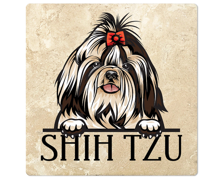 [Set of 4] 4" Square Premium Absorbent Travertine Dog Lover Coasters - Shih Tzu