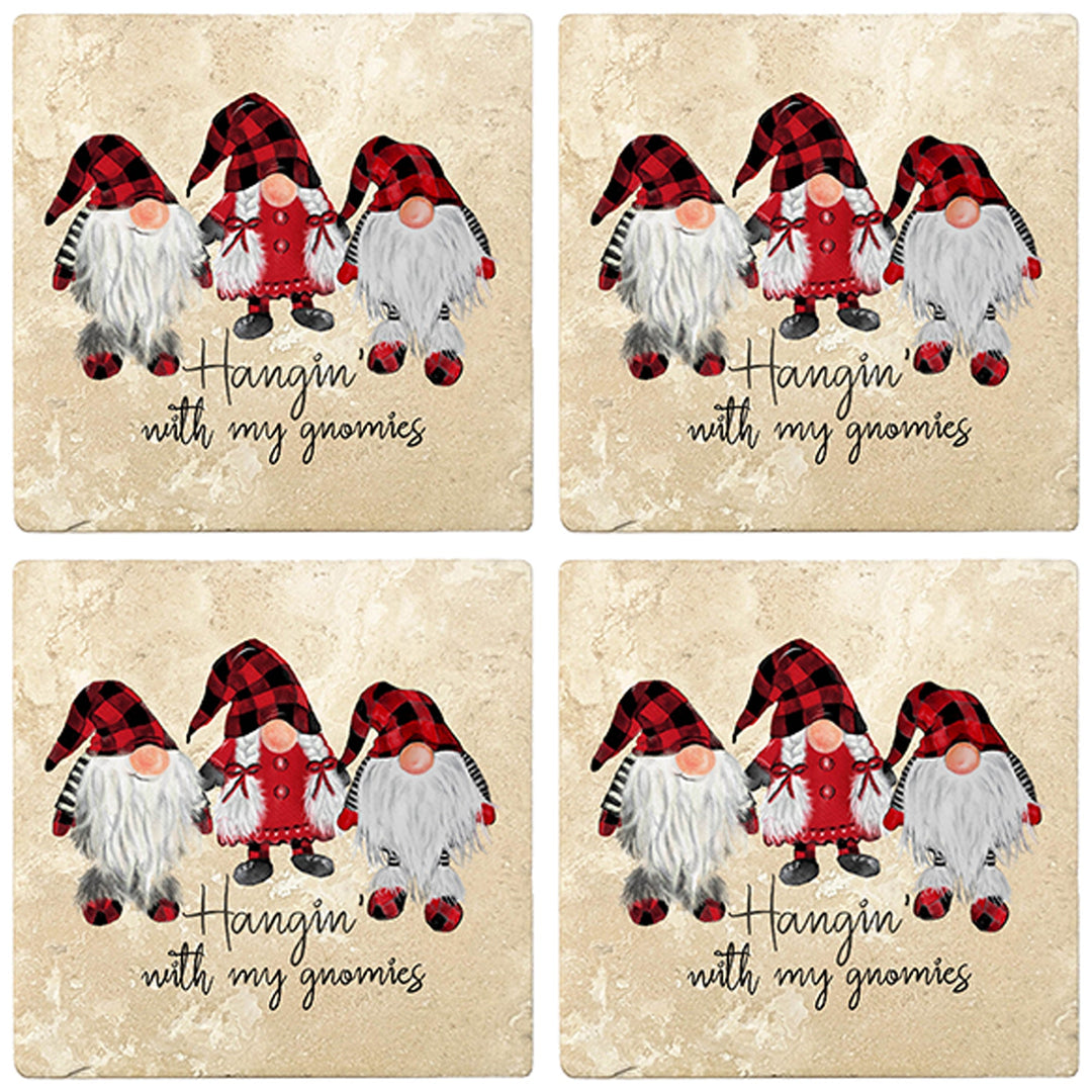 4" Christmas Holiday Travertine Coasters - Three Gnomes - Hanging with the Gnomies, 2 Sets of 4, 8 Pieces