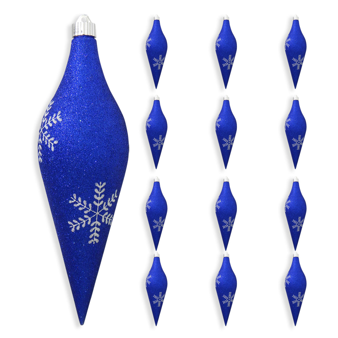12 2/3" (320mm) Large Commercial Shatterproof Drop Ornaments, Dark Blue Glitter with Silver Leafy Flakes, Case, 12 Pieces