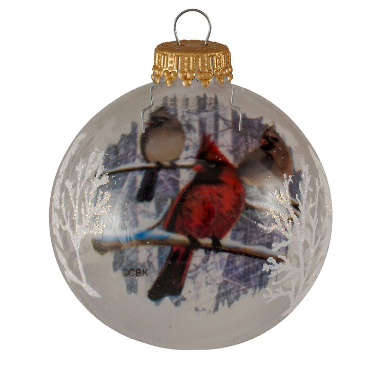 2 5/8" (67mm) Ball Ornaments, Red/White Glass Ball with Reverse Print Cardinal Variety Set, 12/Box, 12/Case, 144 Pieces