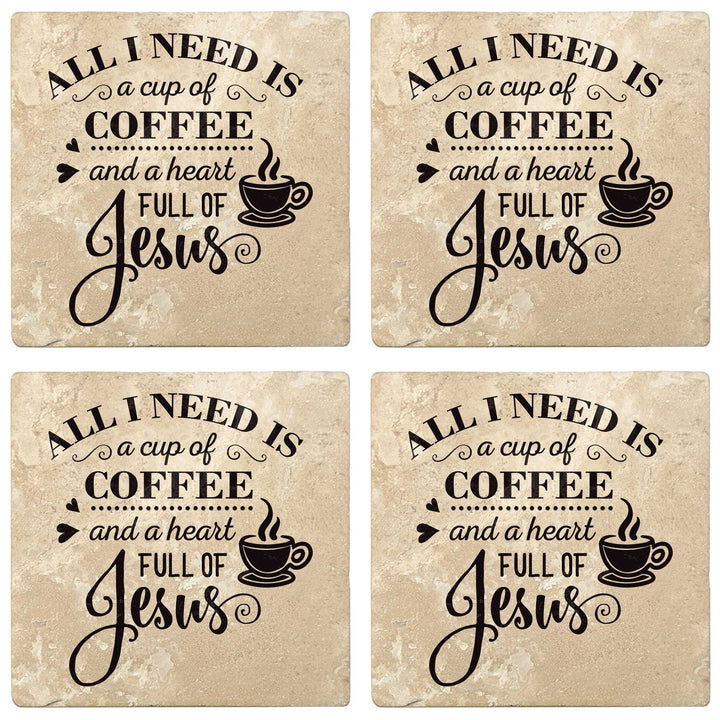 4" Absorbent Stone Religious Drink Coasters, Cup Of Coffee And A Heart Full Of Jesus, 2 Sets of 4, 8 Pieces