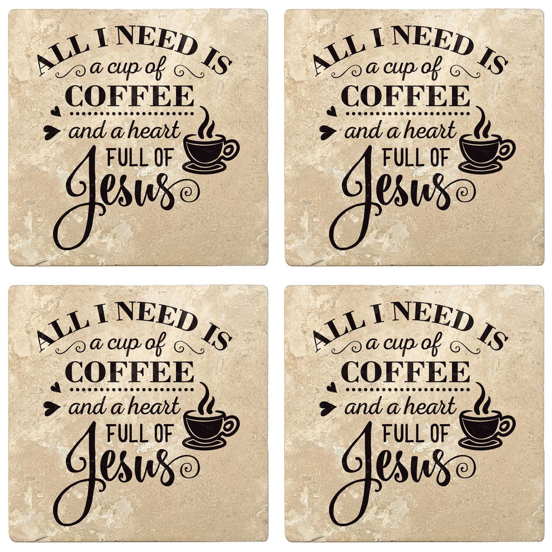 4" Absorbent Stone Religious Drink Coasters, Cup Of Coffee And A Heart Full Of Jesus, 2 Sets of 4, 8 Pieces