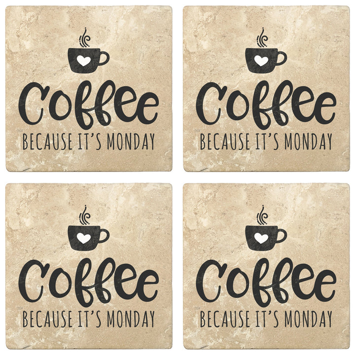 4" Absorbent Stone Coffee Gift Coasters, Coffee Because It's Monday, 2 Sets of 4, 8 Pieces