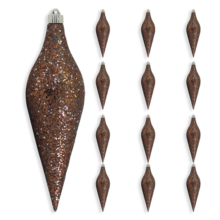12 2/3" (320mm) Large Commercial Shatterproof Drop Ornaments, Mixed Brown / Silver Glitz, Case, 12 Pieces