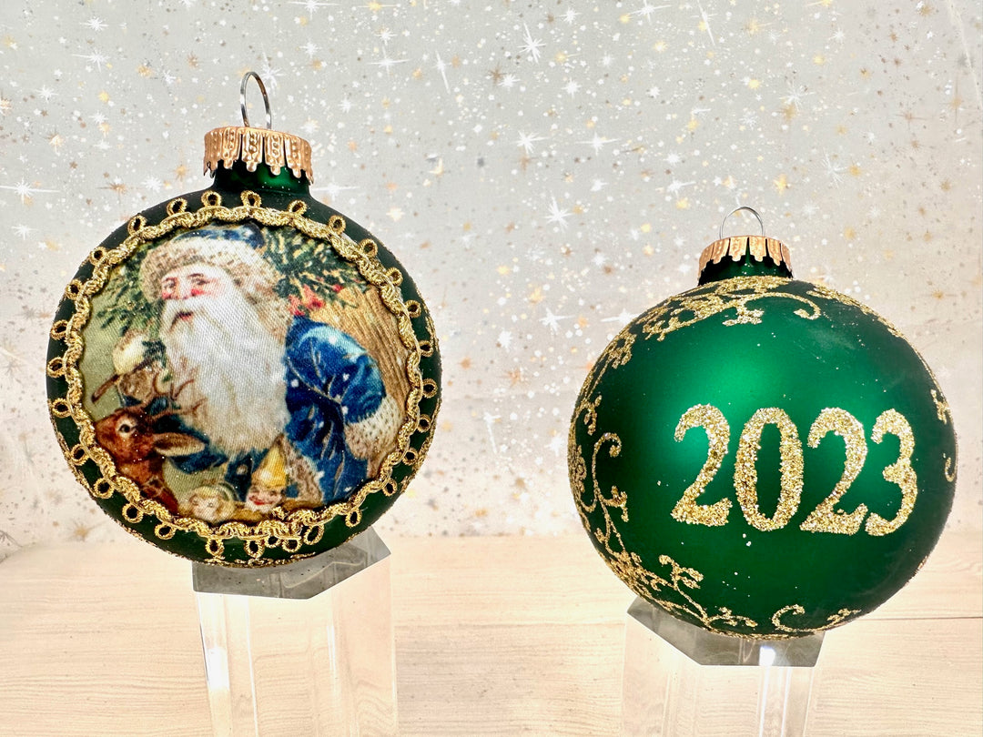 3 1/4" (80mm) Ball Ornaments, Silk Dated Santas 2023, Multi, 1/Box, 12/Case, 12 Pieces