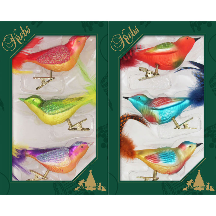 6 1/2" (165mm) Colorful Clip-On Bird Figurine Ornaments, 3/Box, 12/Case, 36 Pieces