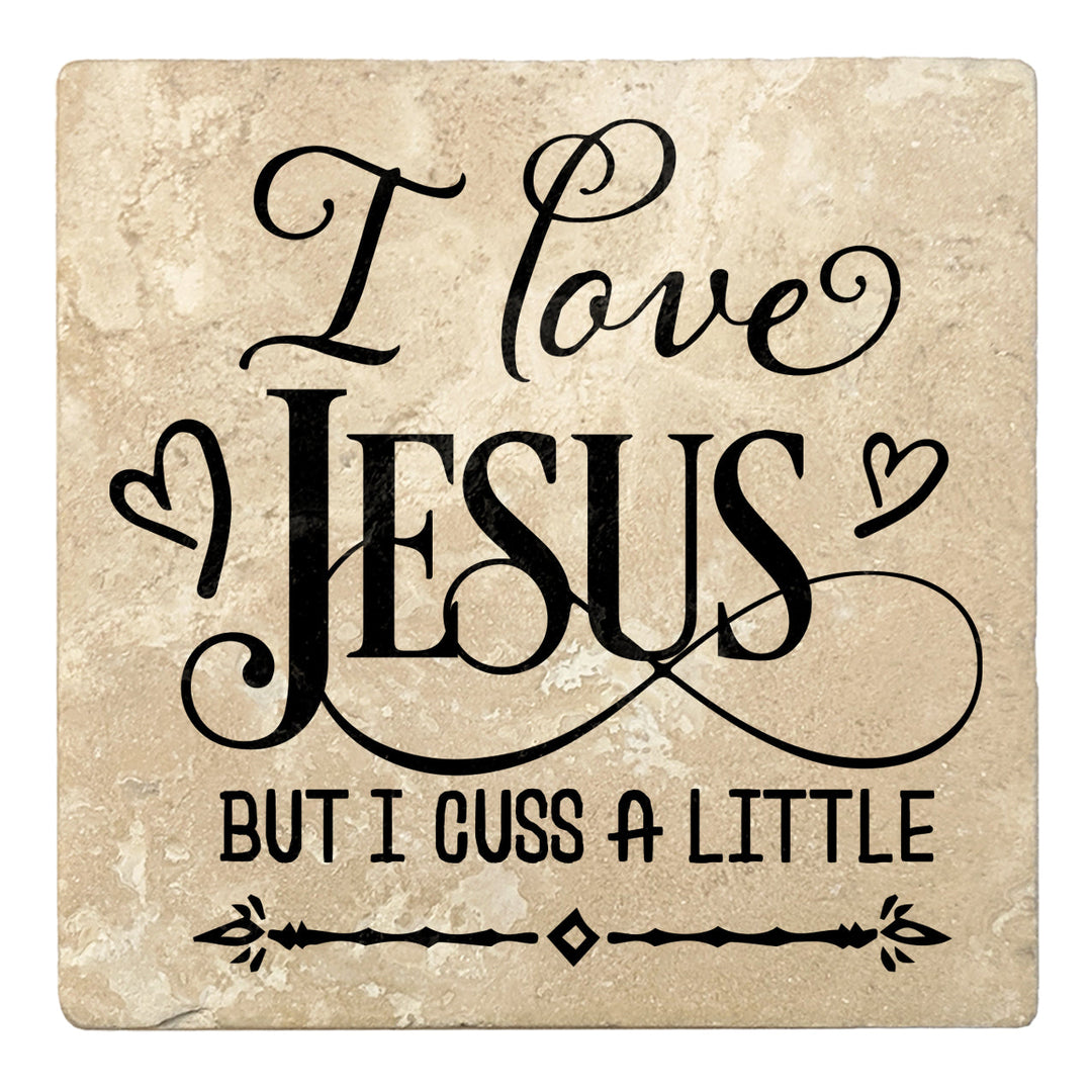 4" Absorbent Stone Religious Drink Coasters, I Love Jesus But I Cuss A Little, 2 Sets of 4, 8 Pieces
