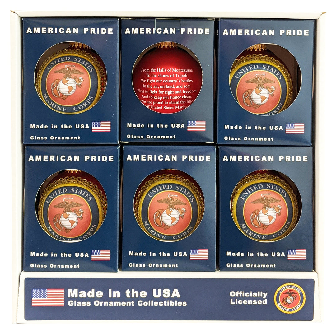 3 1/4" (80mm) Glass Ball Ornaments, Flame Red - Silk US Marines Logo and Hymn, 1/Box, 12/Case, 12 Pieces