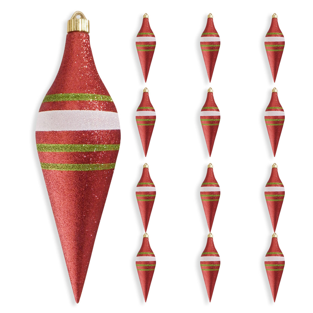 12 2/3" (320mm) Large Commercial Shatterproof Drop Ornaments, Red Glitter, Case, 12 Pieces