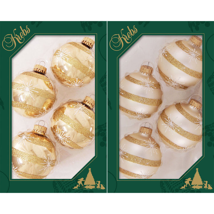 2 5/8" (67mm) Ball Ornaments, Starbursts and Stripes, Molten Gold/Oyster, 4/Box, 12/Case, 48 Pieces