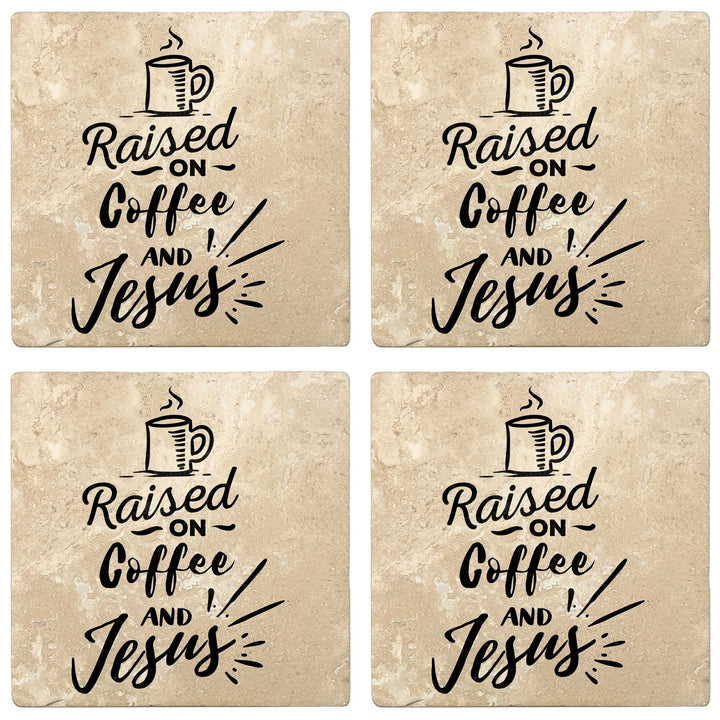4" Absorbent Stone Religious Drink Coasters, Raised On Coffee And Jesus, 2 Sets of 4, 8 Pieces