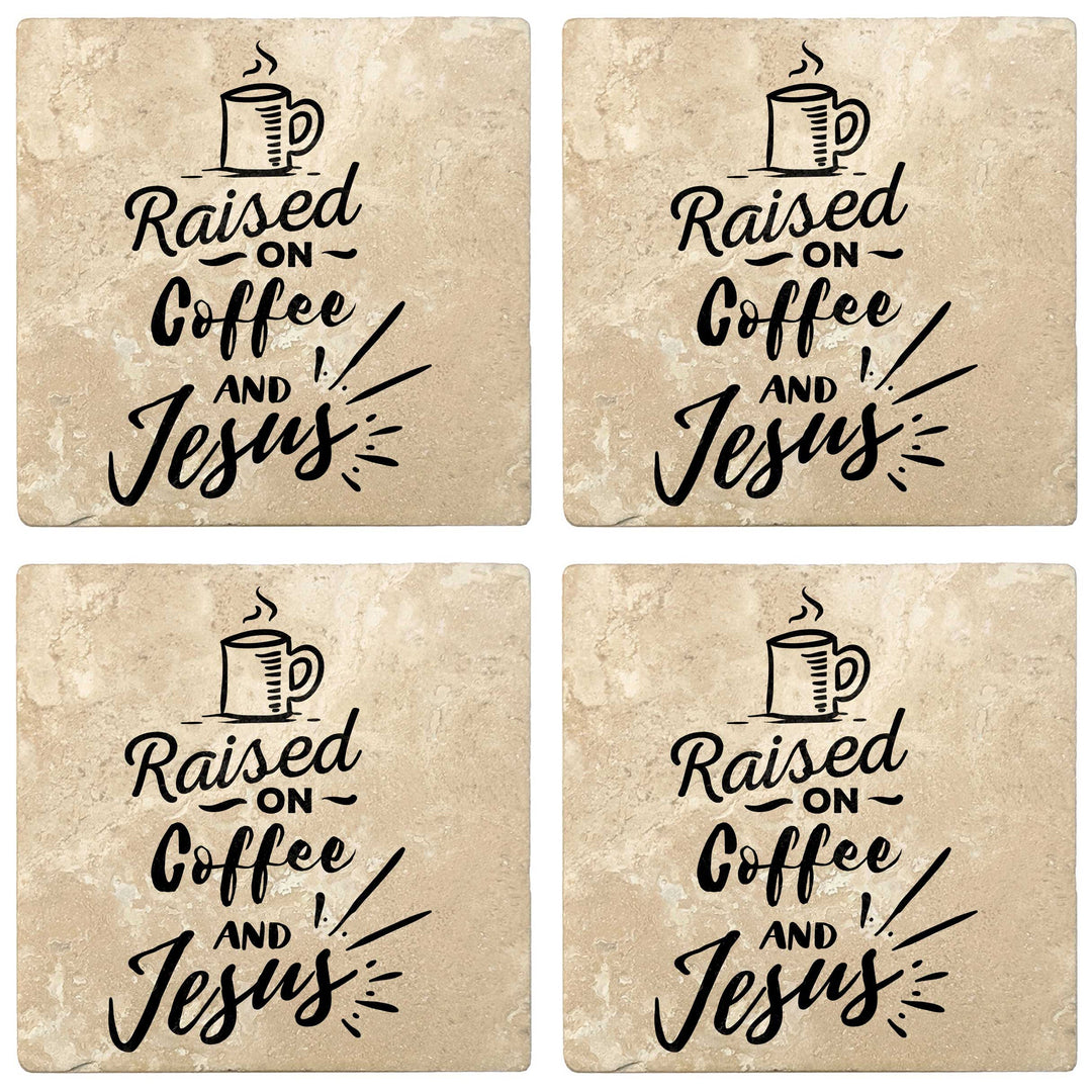 4" Absorbent Stone Religious Drink Coasters, Raised On Coffee And Jesus, 2 Sets of 4, 8 Pieces