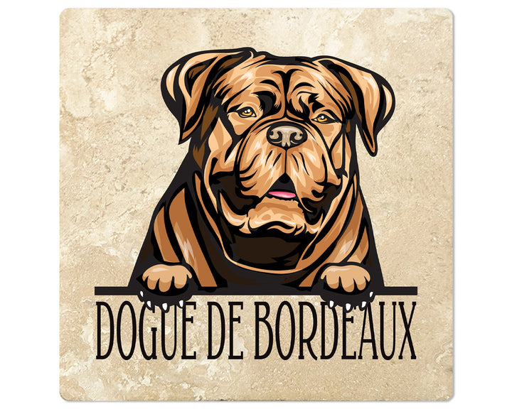 [Set of 4] 4" Square Premium Absorbent Travertine Dog Lover Coasters - Light Brown Dogue De Bordeaux