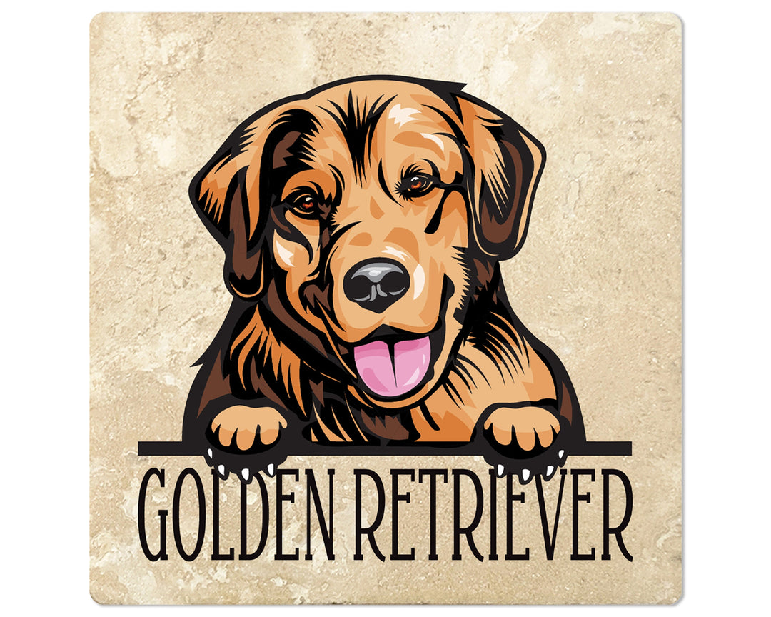 [Set of 4] 4" Square Premium Absorbent Travertine Dog Lover Coasters - Golden Retriever