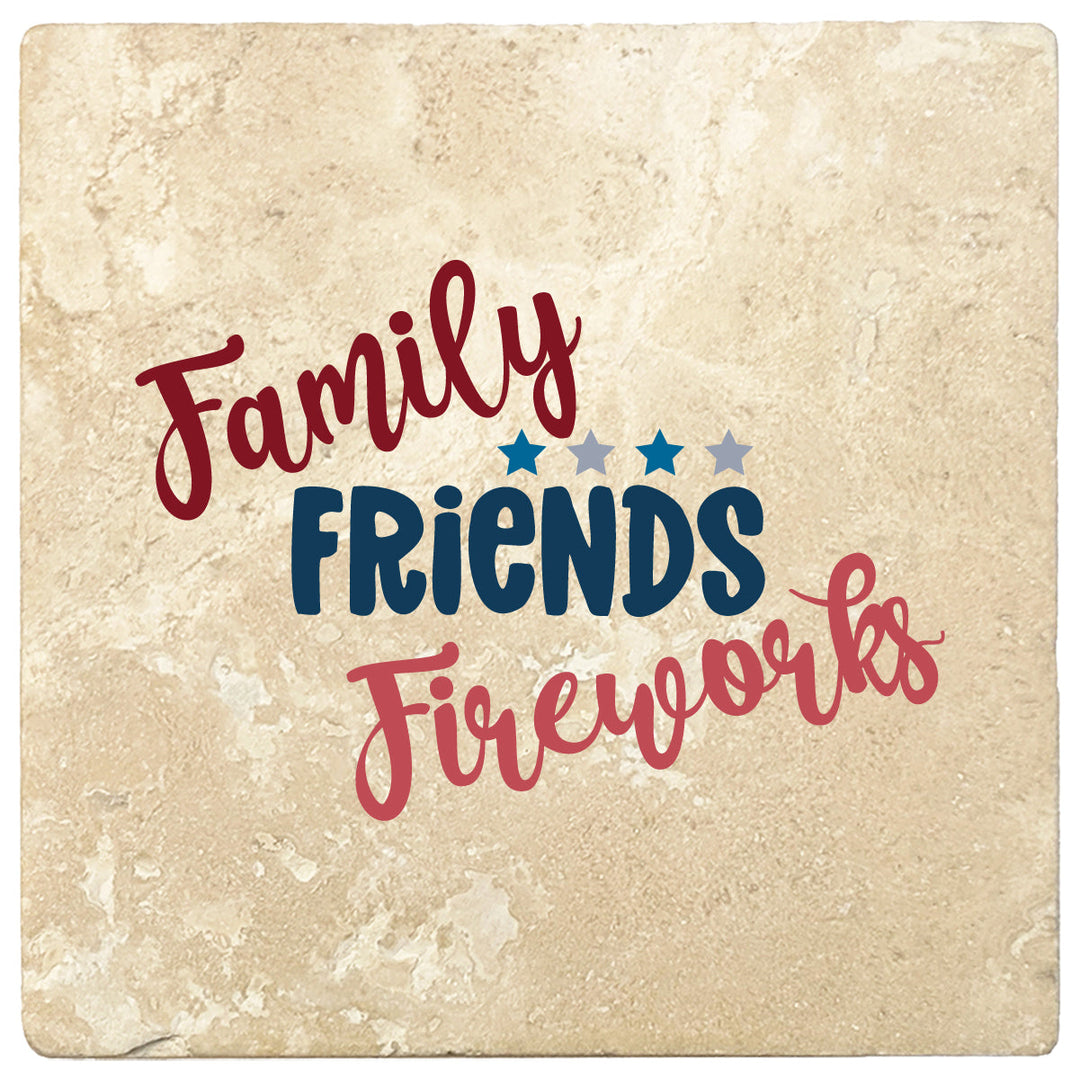 4 Inch Square Travertine Family, Friends, Fireworks, 2 Sets of 4, 8 Pieces