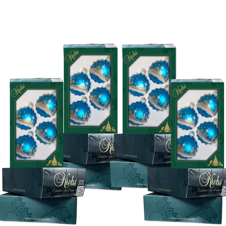 2 5/8" (67mm) Glass Ball Ornaments, Turquoise Bliss with Gold Ink / Glitter Bethlehem Scene, 4/Box, 12/Case, 48 Pieces